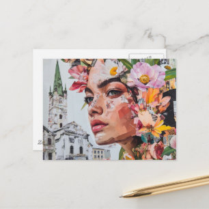 Die Dame in einer Stadt Collage Blumen Frösche Vög Postkarte
