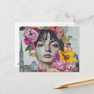 Die Dame in einer Stadt Collage Blumen Gebäude Postkarte