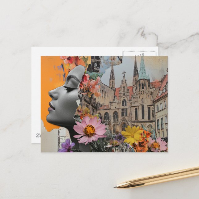 Die Dame in einer Stadtcollage Postkarte (Vorderseite/Rückseite Beispiel)
