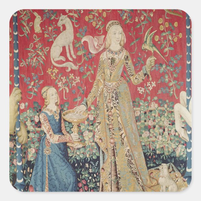 Die Dame und das Einhorn: 'Geschmack' Quadratischer Aufkleber (Vorderseite)