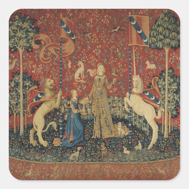 Die Dame und das Einhorn: 'Geschmack' Quadratischer Aufkleber (Vorderseite)