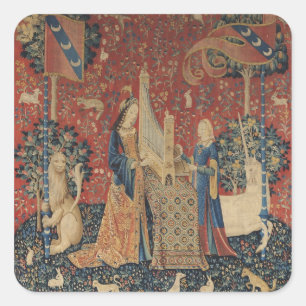 Die Dame und das Einhorn: 'Hearing Quadratischer Aufkleber