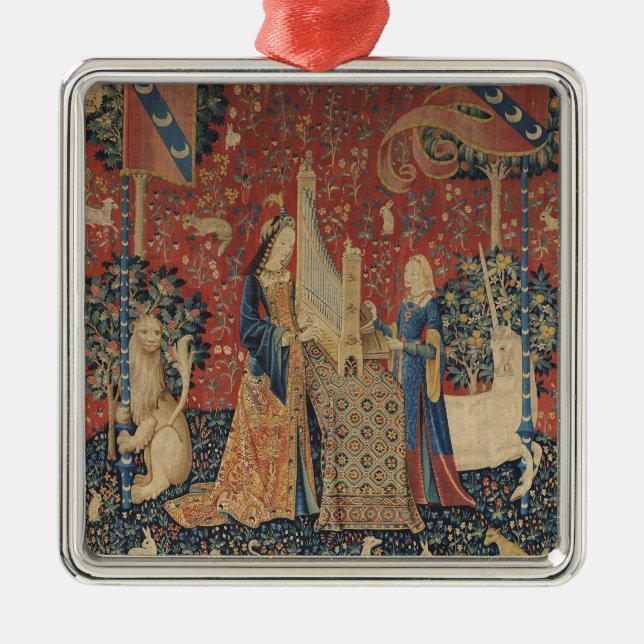 Die Dame und das Einhorn: 'Hearing Silbernes Ornament (Vorne)