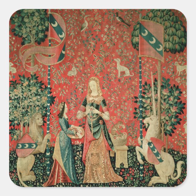 Die Dame und das Einhorn: "Riechen" Quadratischer Aufkleber (Vorderseite)