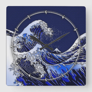 Die Dekoration der großen Hokusai-Wave-Chromfaser Quadratische Wanduhr