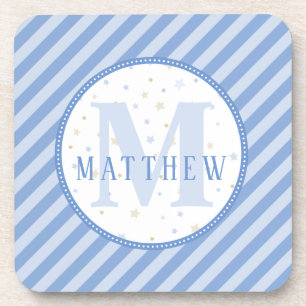 Die Dekoration ist blau und weiß. Monogramm Getränkeuntersetzer