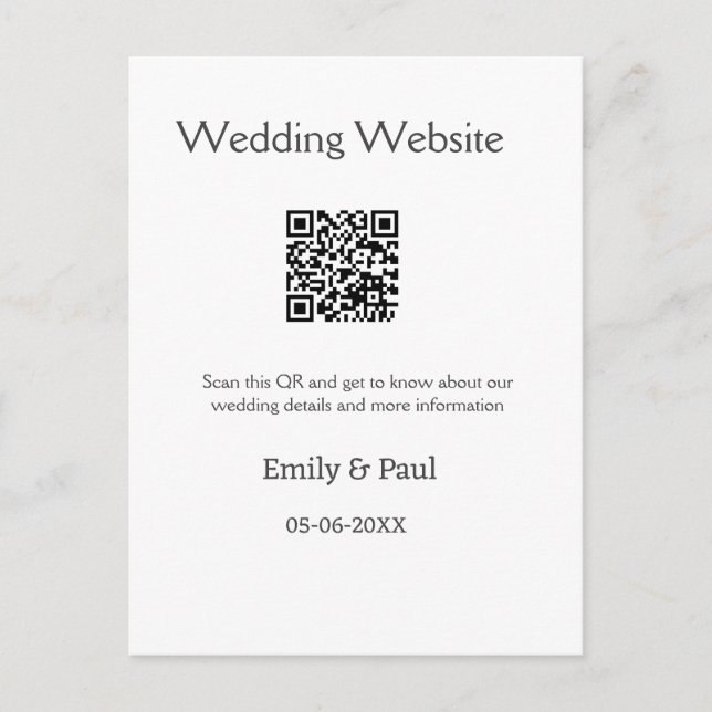Die Details Hochzeitswebsite scannen QR hinzufügen Postkarte (Vorderseite)