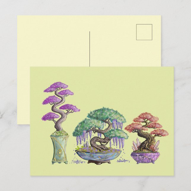 Die drei farbigen Bonsai-Vasen. Postkarte (Vorne/Hinten)