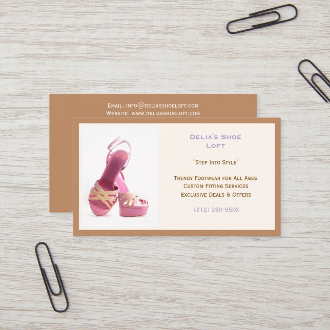 Die dunkelbeige Frauenmode zeigt rosa High Heels Visitenkarte (Vorderseite/Rückseite Beispiel)