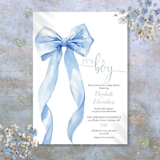 Die Dusche des Blue Bow Baby ist ein Junge Elegant Einladung (Its A Boy Elegant Blue Bow Baby Shower Invitation)