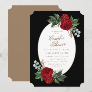 Die Dusche des eleganten Black & Gold Red Floral C Einladung