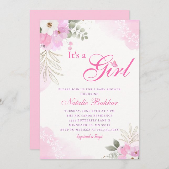 Die Dusche eines Girl Pink Watercolor Blumenjungen Einladung (Vorne/Hinten)