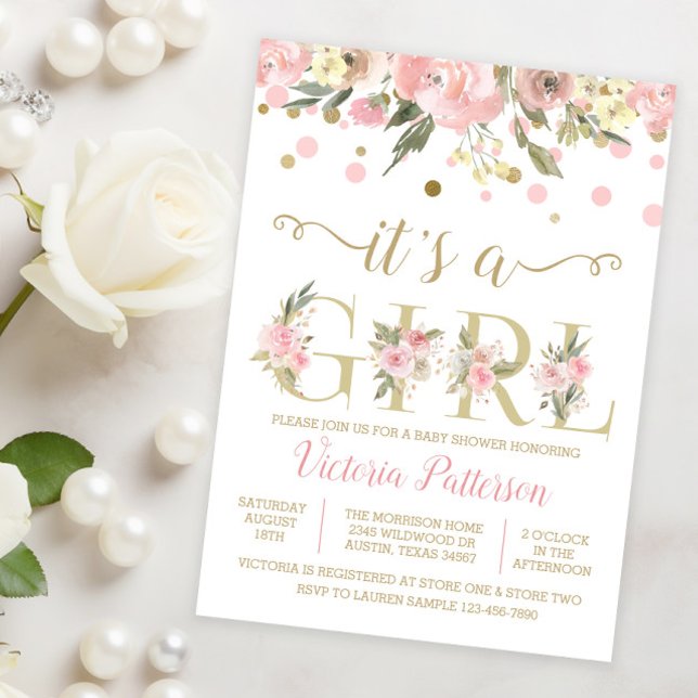 Die Dusche ist ein kleines Mädchen-Aquarell-Blumen Einladung (Sweet pink and gold watercolor floral It's a girl baby shower invitation and coordinating products.)