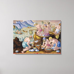 Die Eingeborenen, die für riesige Muscheln auf de Leinwanddruck