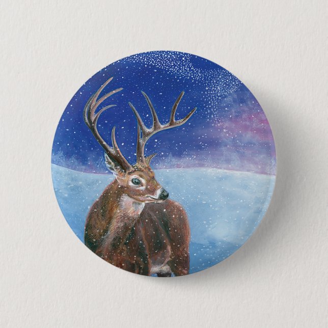 Die elaphische Rote Hirsche und die Winterlandscha Button (Vorderseite)