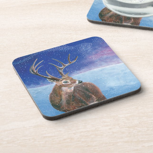 Die elaphische Rote Hirsche und die Winterlandscha Getränkeuntersetzer (Linke Seite)