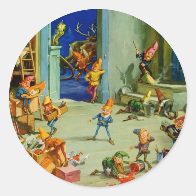 Die Elfen des Weihnachtsmanns arbeiten in seinem W Runder Aufkleber (Vorderseite)