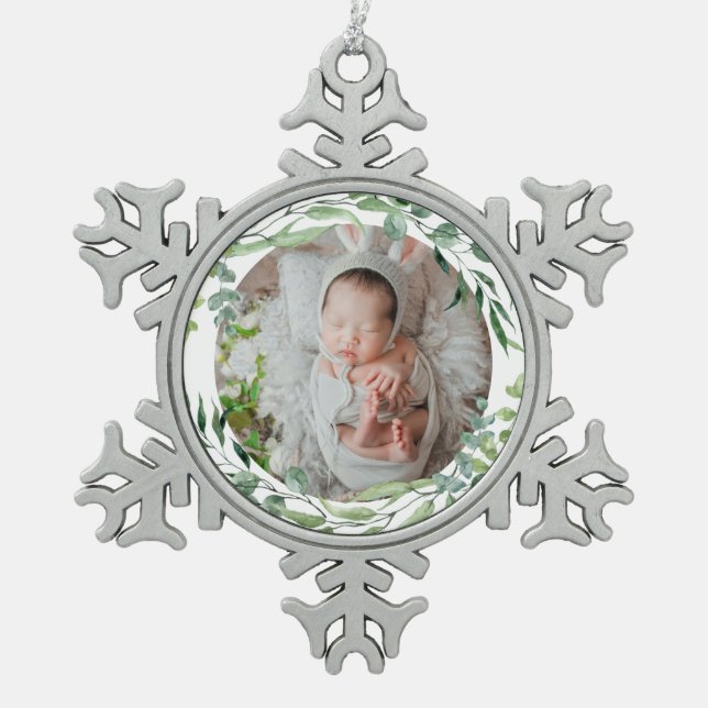 Die erste grüne Pflanze für Baby Schneeflocken Zinn-Ornament (Vorderseite)