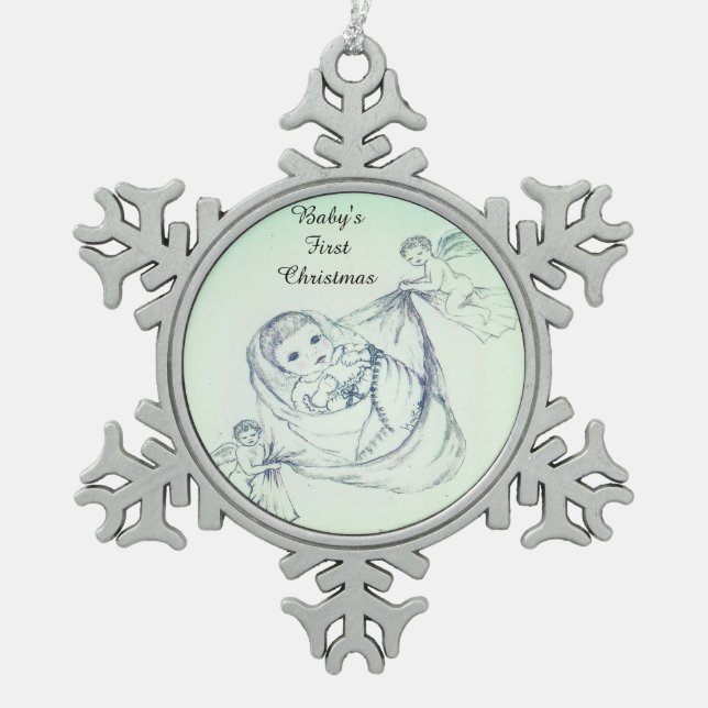 Die erste Weihnacht des Babys Schneeflocken Zinn-Ornament (Vorderseite)