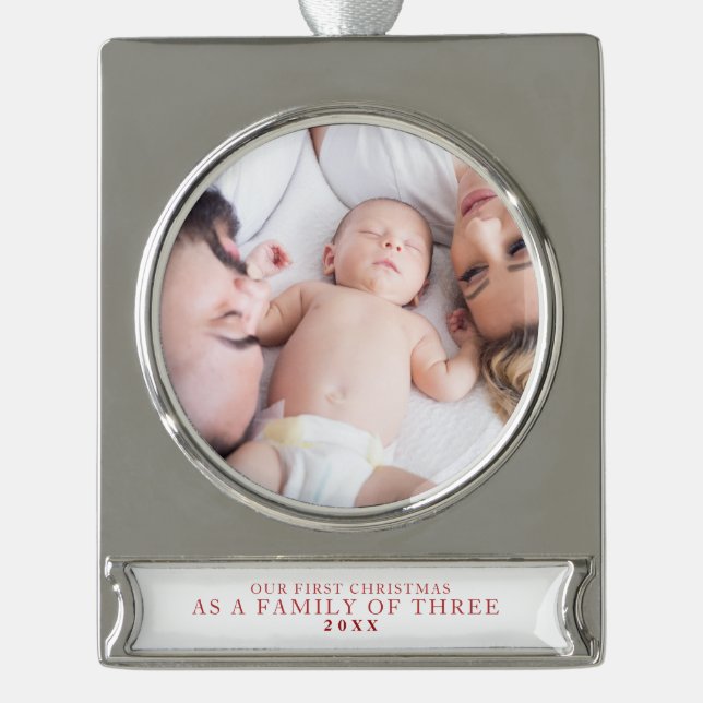 Die erste Weihnachtsfamilie aus drei Fotos Banner-Ornament Silber (Vorderseite)