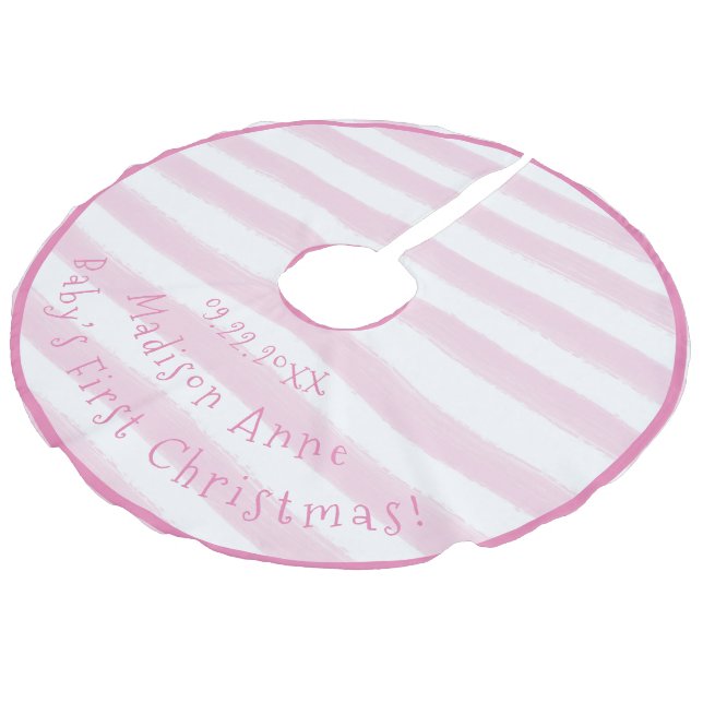 Die erste Weihnachtstypografie des Babys Pink Girl Leinenimitat Weihnachtsbaumdecke (Schrägansicht)