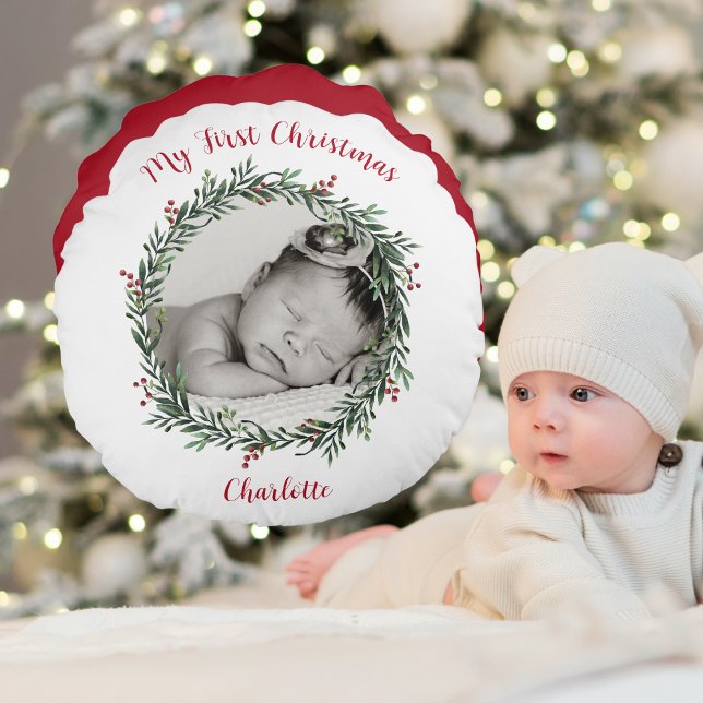 Die erste Weihnachtszeit des Babys, Foto mit Namen Rundes Kissen (Baby's First Christmas, Photo With Name Round Pillow)