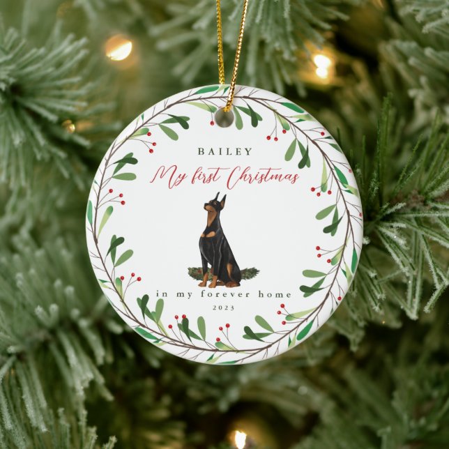 Die ersten Weihnachten des süßen Hundes mit Namen  Keramik Ornament (Baum)