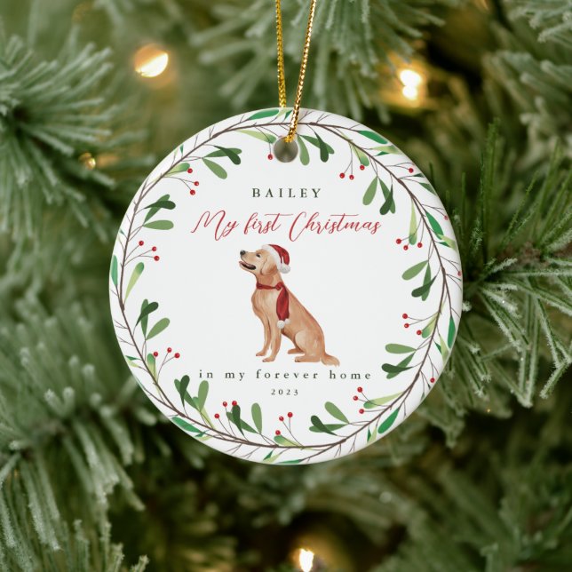 Die ersten Weihnachten des süßen Hundes mit Namen  Keramik Ornament (Baum)
