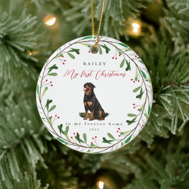 Die ersten Weihnachten des süßen Hundes mit Namen  Keramik Ornament (Baum)