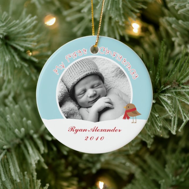 Die ersten Weihnachtsgeschmucke des Babys im Foto Keramik Ornament (Baum)