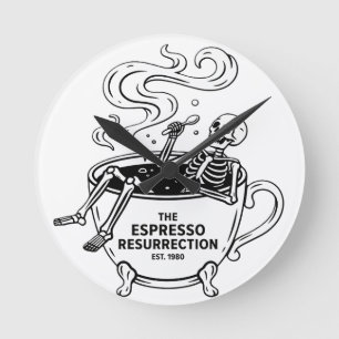 Die Espresso-Auferstehung Lustiges Skelett Kaffee Runde Wanduhr