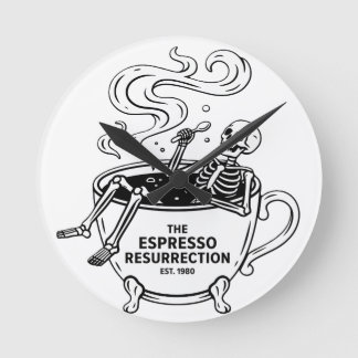 Die Espresso-Auferstehung Lustiges Skelett Kaffee Runde Wanduhr