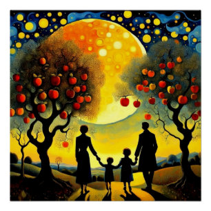 Die Familie blickt auf den Nachthimmel Poster