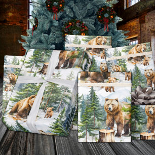 Die Familie der Grizzle-Bären raucht im Winterwald Geschenkpapier