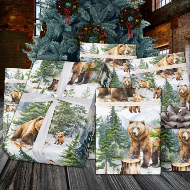 Die Familie der Grizzle-Bären raucht im Winterwald Geschenkpapier (Grizzly Bear Family Roam A Winter Woodland Forest Wrapping Paper)
