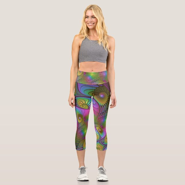 Die farbenfrohe, leuchtende, trippy-Abstrakte Frak Capri Leggings (Vorderseite)