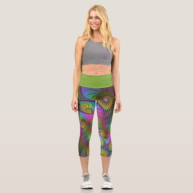 Die farbenfrohe, leuchtende, trippy-Abstrakte Frak Capri Leggings (Vorderseite)