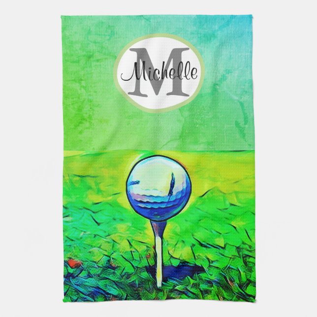Die farbenfrohe Monogram Name Golf Sports Green Geschirrtuch (Vertikal)