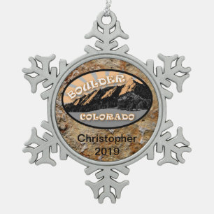 Die Flatironen, der Chautauqua Park, der Boulder C Schneeflocken Zinn-Ornament