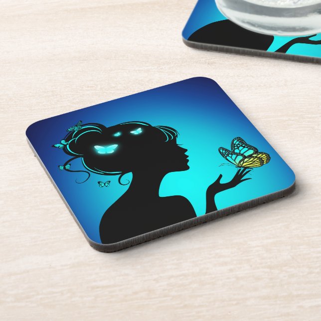 Die Frau des blauen Schmetterlings Getränkeuntersetzer (Linke Seite)