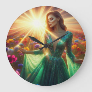 Die Frau im grünen Kleid auf einer großen Wanduhr
