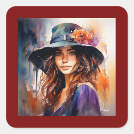Die Frau im Hut: Portrait der lebendigen Gnade Quadratischer Aufkleber