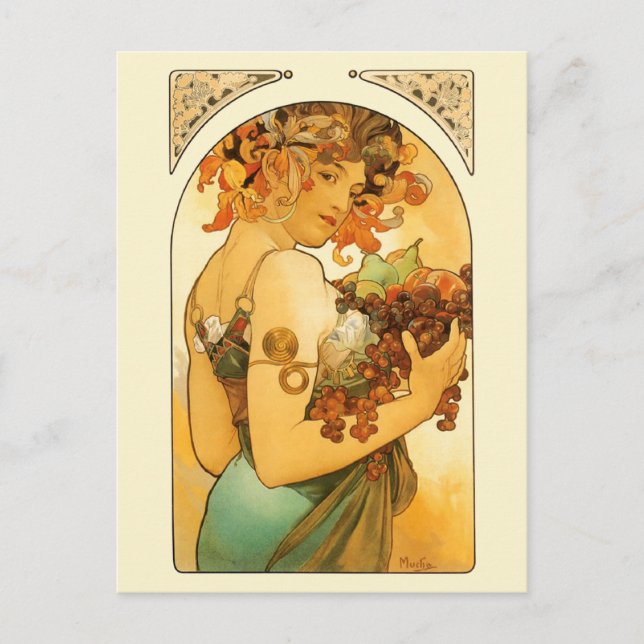 Die Frau mit Obst von Mucha Postkarte (Vorderseite)