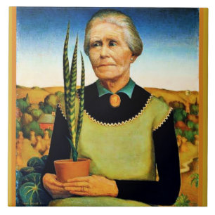Die Frau mit Pflanze von Grant Wood Fliese