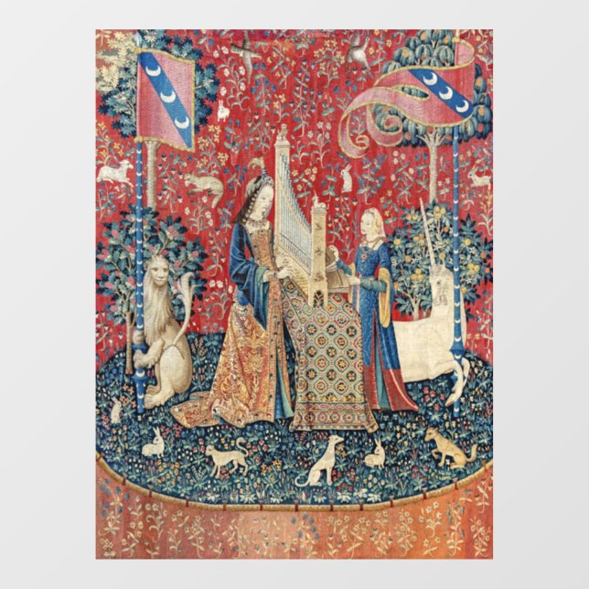 Die Frau und das Einhorn, hörend Fensteraufkleber (Blatt)