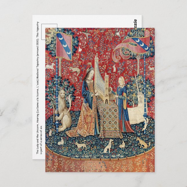 Die Frau und das Einhorn, hörend Postkarte (Vorne/Hinten)