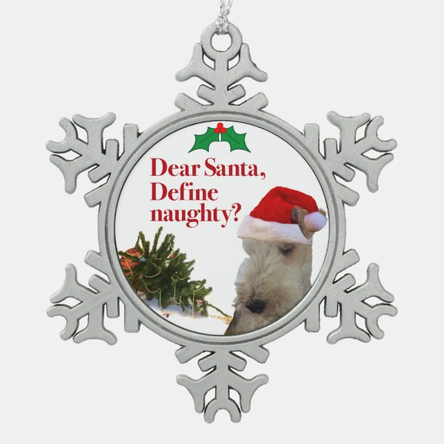 Die freche Draht-Foxterrier-Weihnachtsverzierung Schneeflocken Zinn-Ornament (Vorderseite)