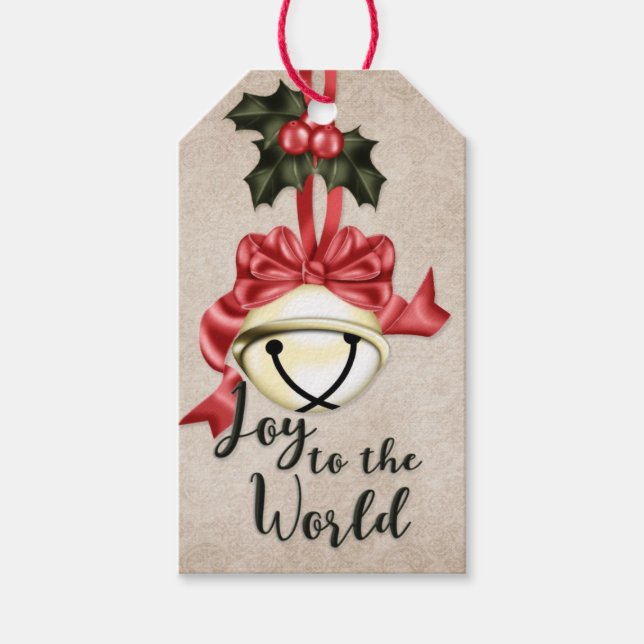 Die Freude an der Welt | Golden Bell mit Red Bow Geschenkanhänger (Vorderseite)