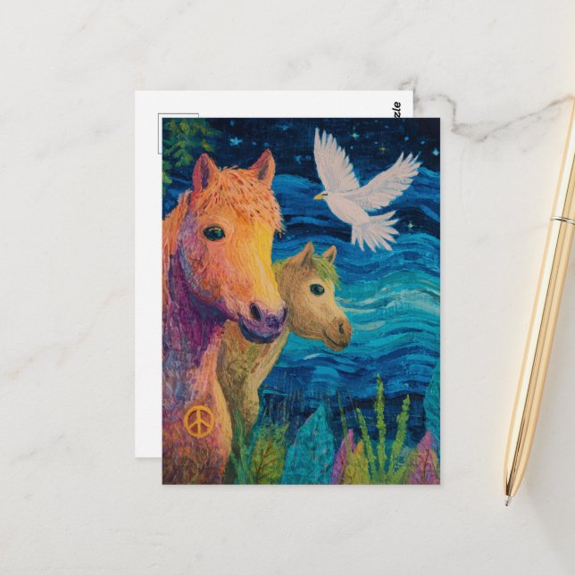 Die FriedensPonys und der Vogel Postkarte (Vorderseite/Rückseite Beispiel)