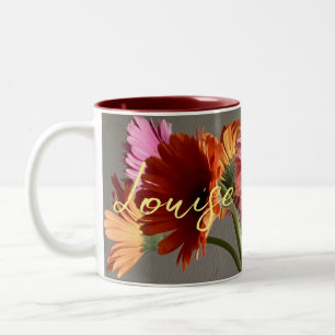 Die fröhliche Gerbera Blume + Individuelle Name Zweifarbige Tasse
